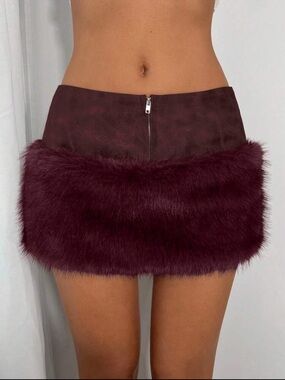 SHEIN Burgundy Faux Fur Mini Skirt